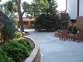 Outside patio with seating and shrubbery. 