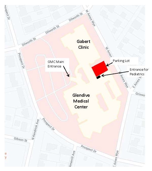 map of where to park and enter for pediatric patients